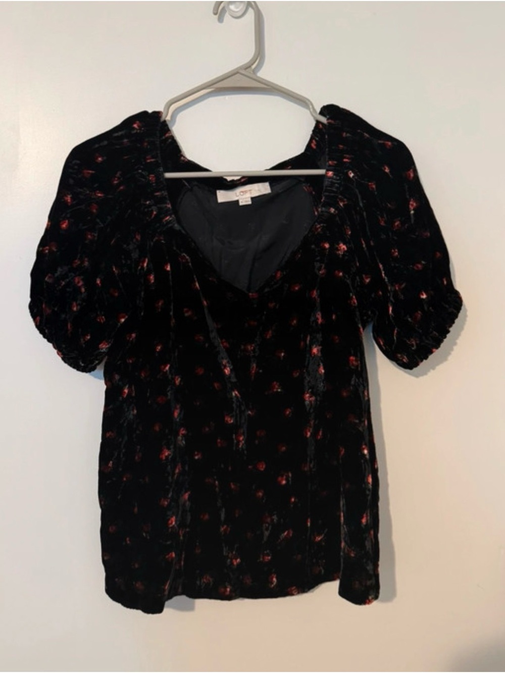 LOFT Black Velvet Puff-Sleeve Blouse with Red Floral Dots